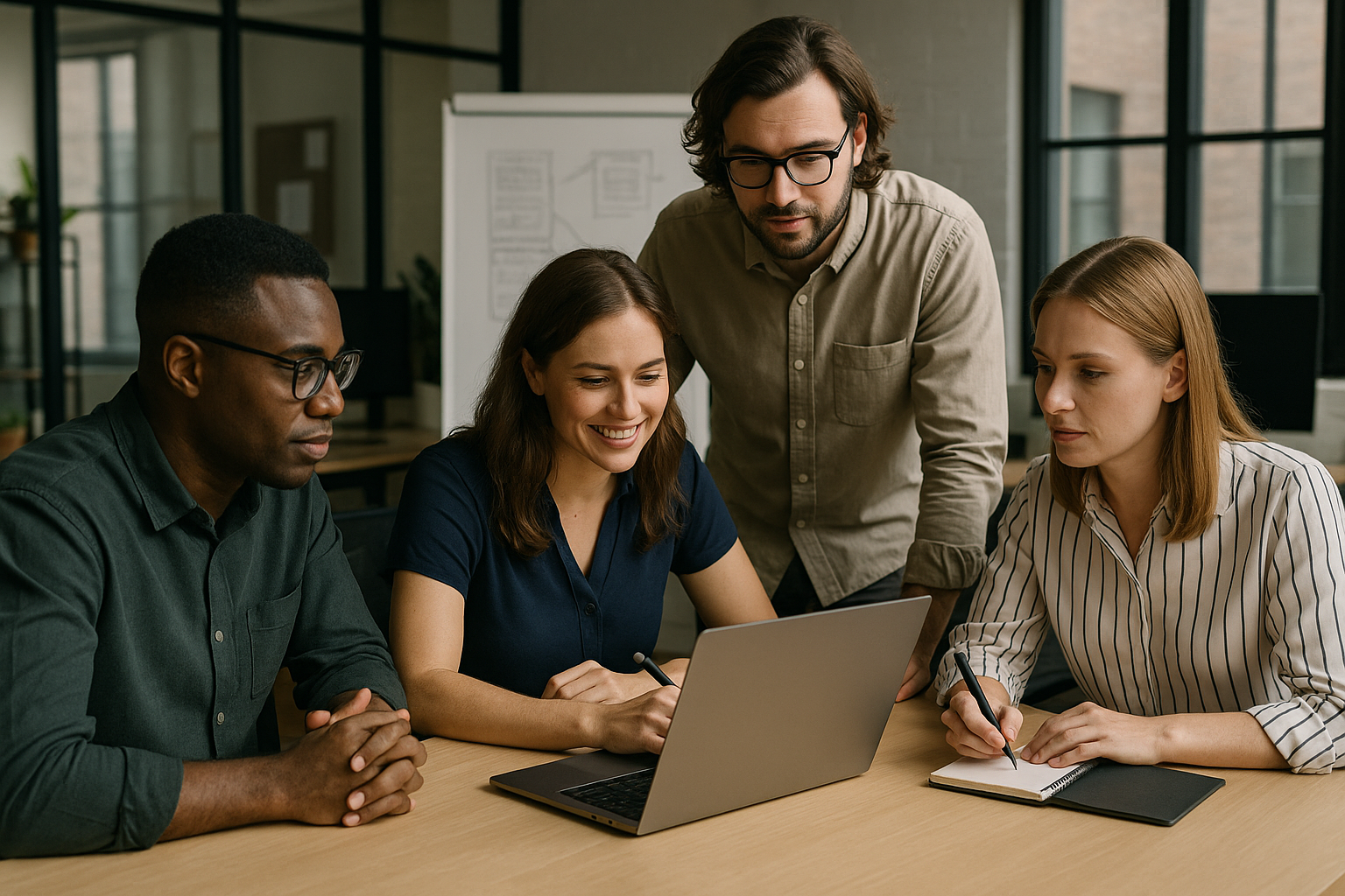 Team members in an office working on a project